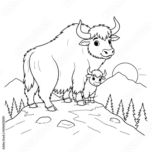 A yak and its cub on a mountain: an ideal vector illustration for posters, banners, or online advertisements about wildlife, nature, or trekking.
