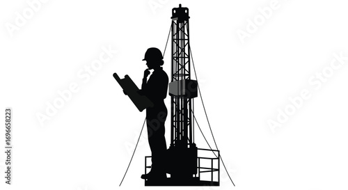 engineer silhouette working near tall industrial drilling rig structure