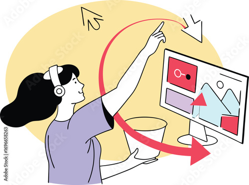 Woman interacting with digital interface vector illustration for web design and development white background