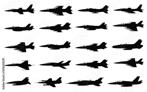 Vector art of set of fighter jet silhouettes collection of different airplane poses vector illustration of jet in various positions perfect for logo, print, or design