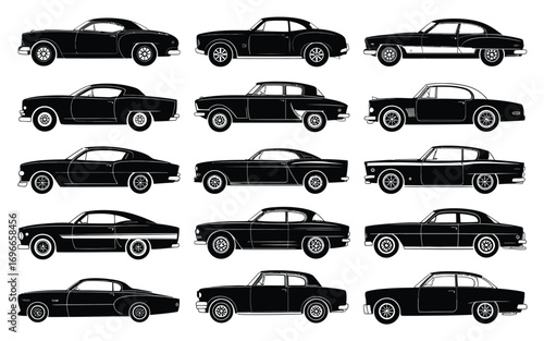Vector art of collection of vintage cars showcasing classic automotive designs, perfect for transportation enthusiasts and historical vehicle illustrations