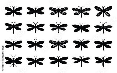 Vector art of a captivating array of dragonfly silhouettes, , showcases the delicate beauty and intricate details of these enchanting insects in a mesmerizing pattern