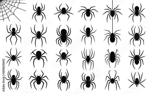 Vector art of a creepy compilation of spider silhouettes, , creates a spooky and unsettling visual effect, perfect for halloween and other eerie occasions