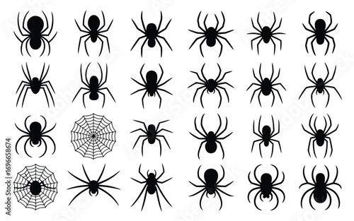 Vector art of set of black spider silhouettes and spider web halloween spider vector illustration creepy arachnid silhouette poisonous insect vector