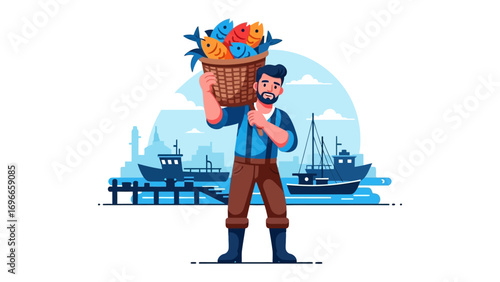 The Bounty of the Sea: A resilient fisherman carries a bountiful basket filled with fresh catch. Harbor scene, depicting a coastal community.