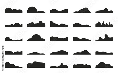 Vector art of collection of landscape silhouettes, showcasing various terrains and horizons, perfect for scenic designs, nature themes, and outdoorrelated projects
