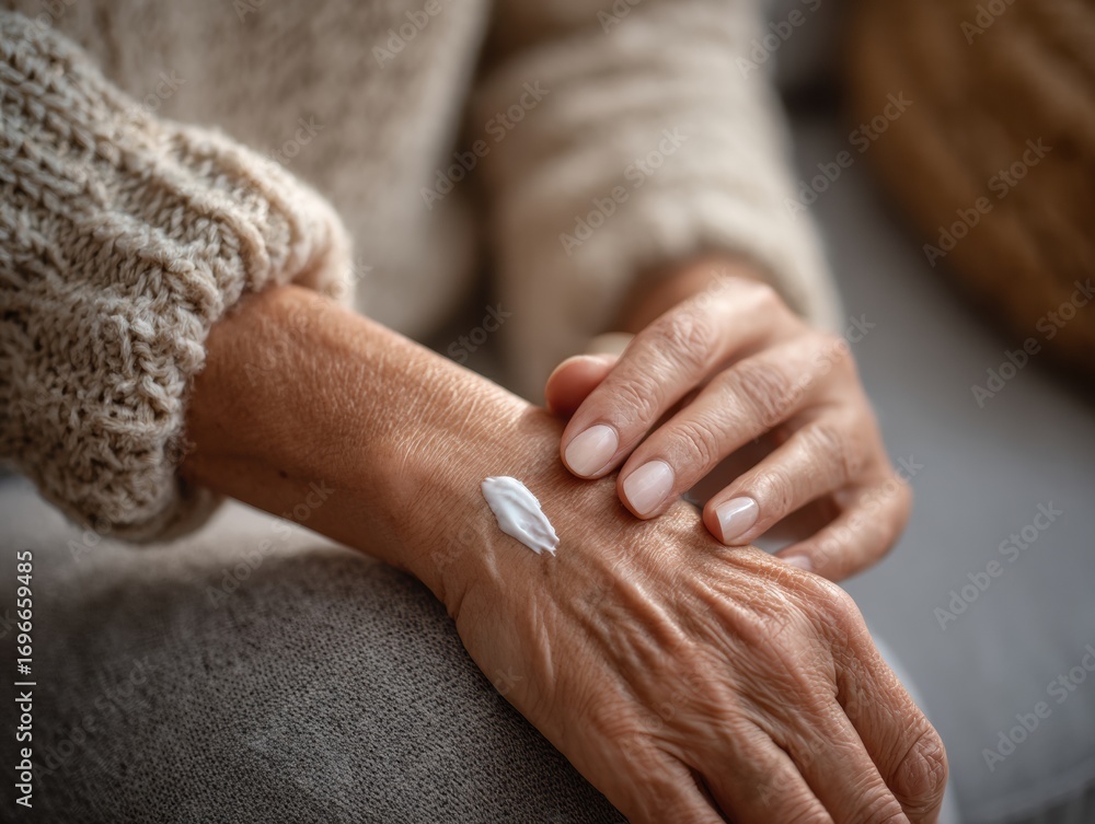 Fototapeta premium Elderly woman hand with cream on skin