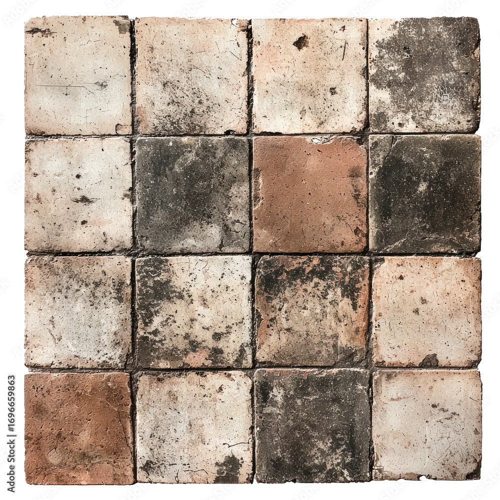 Naklejka premium A tiled floor with a mix of beige, brown, and black tiles.