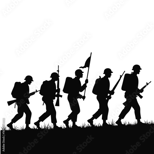 Silhouette of five soldiers marching with rifles and a flag