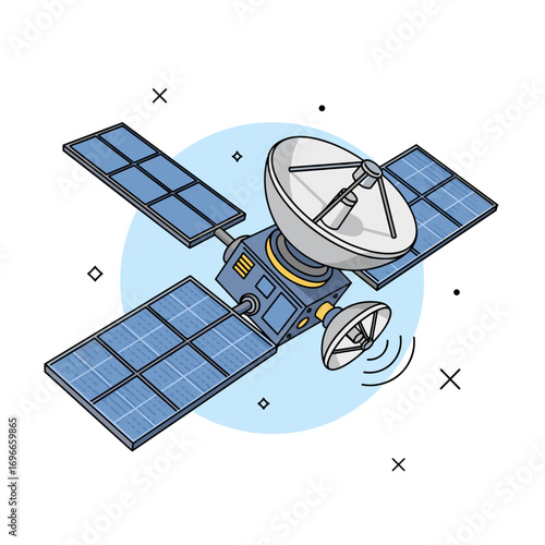 Advanced orbital communication satellite with solar panels and antenna array for global connectivity and data transmission