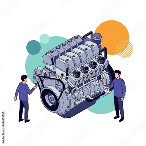 Illustrative depiction of a powerful internal combustion engine with two engineers examining its intricate design and components