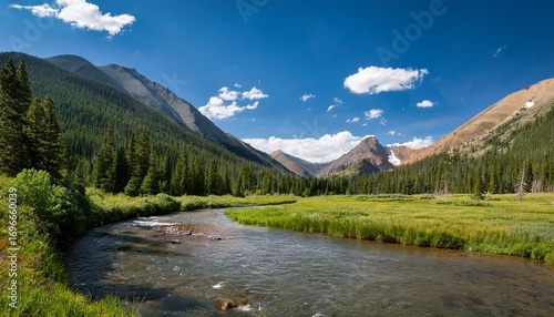 majestic mountains and lush greenery with a winding fly fishing stream flowing through it in the elk range rocky mountains colorado fly fishing lakes natural scene