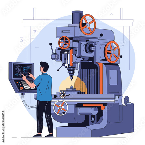 Modern precision milling machine operated by skilled technician in industrial factory setting