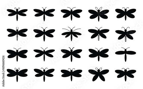 Vector art of set of silhouettes of various dragonflies collection of different flying insects decorative design elements for decoration and design