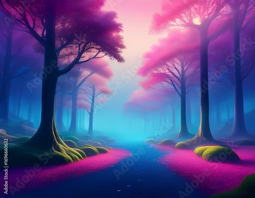 misty gradient pink and blue dreamy forest atmosphere phone hd wallpaper ai generated