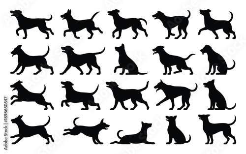 Vector art of set of dog silhouettes different poses of dogs vector illustration perfect for logo, icon, print, sticker, tattoo, design element, decoration, and more