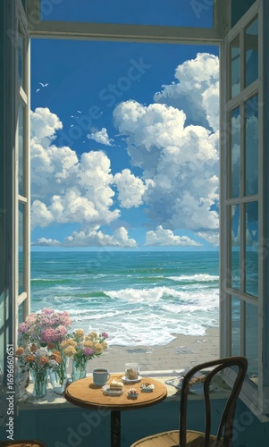 Seaside cafe view through large windows