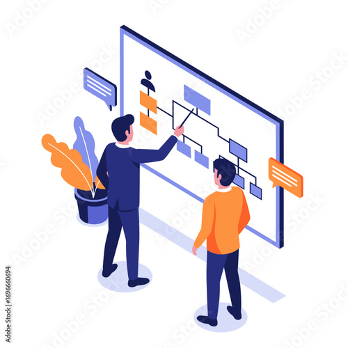 Two businessmen collaborating on strategic planning and organizational chart development using a large digital whiteboard for effective teamwork and project management