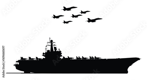 naval vessel with fighter jets flying overhead in formation