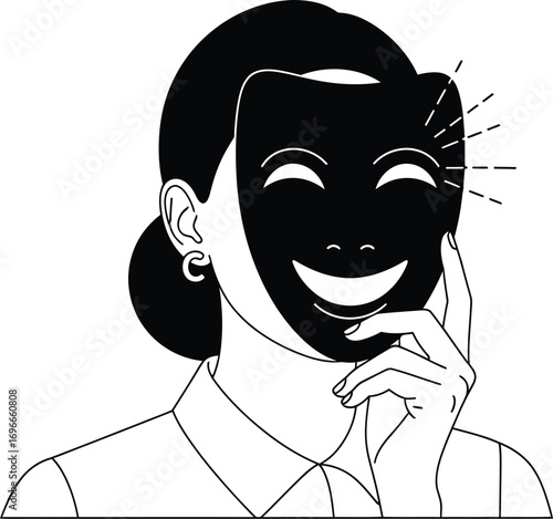 Person hiding true emotions behind a smiling mask, conveying duality and deception.