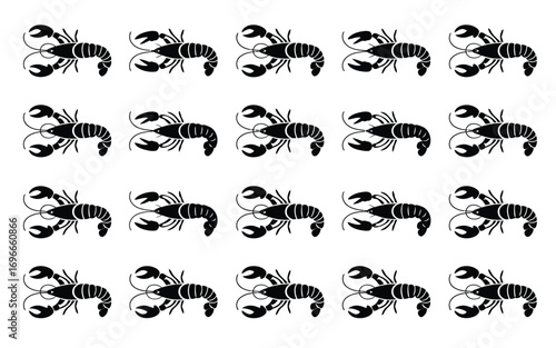 Vector art of a captivating collection of lobster silhouettes, each showcasing unique shapes and sizes, these minimalist designs capture the essence
