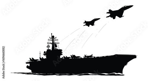 aircraft carrier launching fighter jets into sky