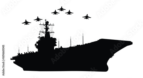 naval ship silhouette with fighter jets flying overhead