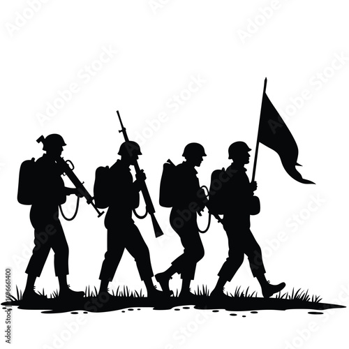 Silhouette of four soldiers marching with rifles and a flag