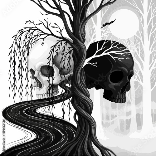 Duality Skulls Tree Moon Gothic Vector Art