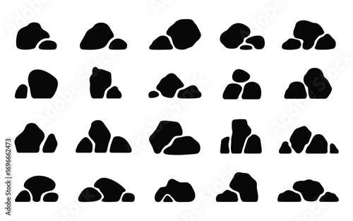 Vector art of collection of rock silhouettes set of different shapes and sizes of rocks, stones, boulders vector illustration of nature elements in black color