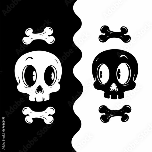 Black White Cartoon Skulls and Bones Illustration