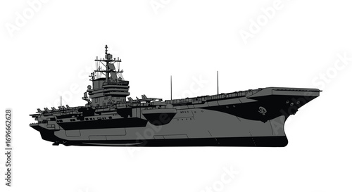 a large navy ship floating on calm waters