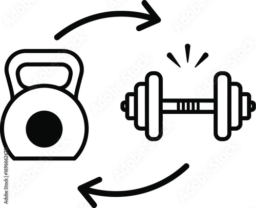 Iconic representation of switching between kettlebell and dumbbell training for fitness.