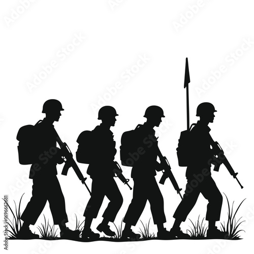 Silhouette of four soldiers marching with rifles and backpacks