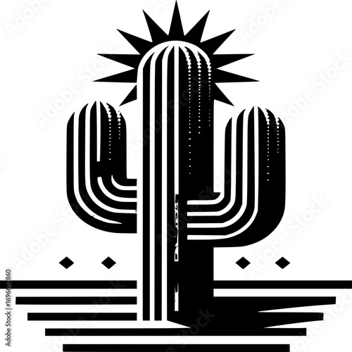 Desert Cactus under sun: A minimalist design featuring a striking cactus silhouette, the blazing sun radiating above. Capturing the essence of the arid landscape, with graphic lines.