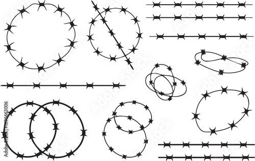 stylized barbed wire vector set with seamless patterns industrial border security fence illustration