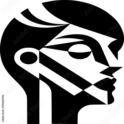 Geometric Portrait: A striking black and white graphic portrait, featuring a modernist geometric design of a human face, evoking artistic innovation and creative expression.