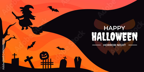 Halloween night banner with witch flying over graveyard with bats and scary monster face. Vector illustration for invitation, poster, card or web.