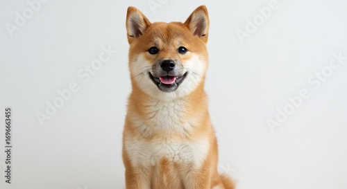 Perro Shiba Inu sonrie alegremente luz suave fondo blanco. AI Generated