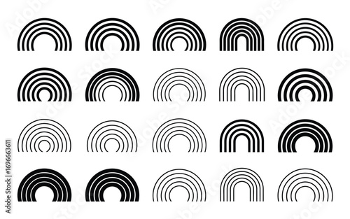 Vector art of collection of rainbow arc shapes, featuring various line thicknesses and arrangements, creating a versatile set for design and illustration
