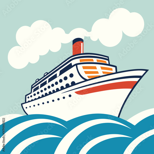 Vector art of a large white cruise ship sails on blue ocean waves under a cloudy sky, with smoke coming from its chimney