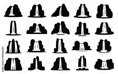 Vector art of a diverse set of waterfall silhouettes, showcasing the beauty and power of natures cascades in a simple, graphic representation for design projects