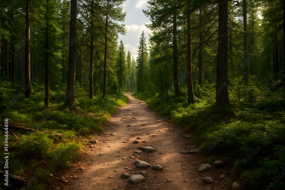Fototapeta premium Sunlit forest path winding through tall evergreen trees