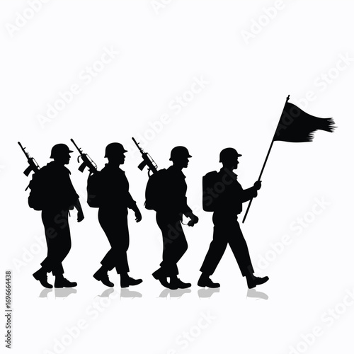 Silhouette of soldiers marching with flag and rifles Keywords: soldier, military, army, march