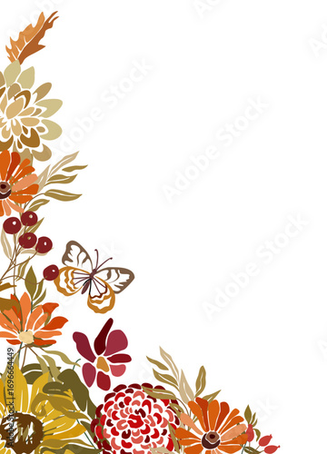Decorative autumn corner with leaves, flowers, butterfly, and berries in warm fall colors, perfect for seasonal designs, invitations, cards, crafts, DIY projects, isolated on transparent background