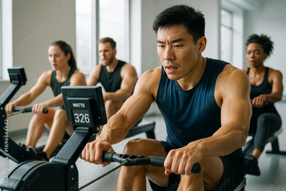 Obraz premium Focused athletes training intensely on rowing machines in modern gym with soft natural light background, emphasizing team fitness effort. Ai generative