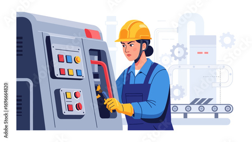 The Technician's Precision: A skilled female technician, clad in a safety helmet, expertly operates complex machinery. Depicting the blend of expertise, focus, and technological prowess.