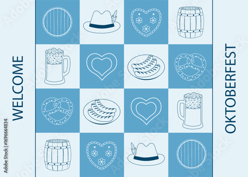 Horizontal checkered background oktoberfest. Icons and text welcome oktoberfest on blue background. Vector illustration. Line drawing. Template for party invitation. Rectangular banner for sale.