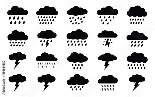 Vector art of collection of diverse rain cloud icons, featuring various rain intensities and lightning bolts, perfect for weather forecasts, climate studies, and graphic designs