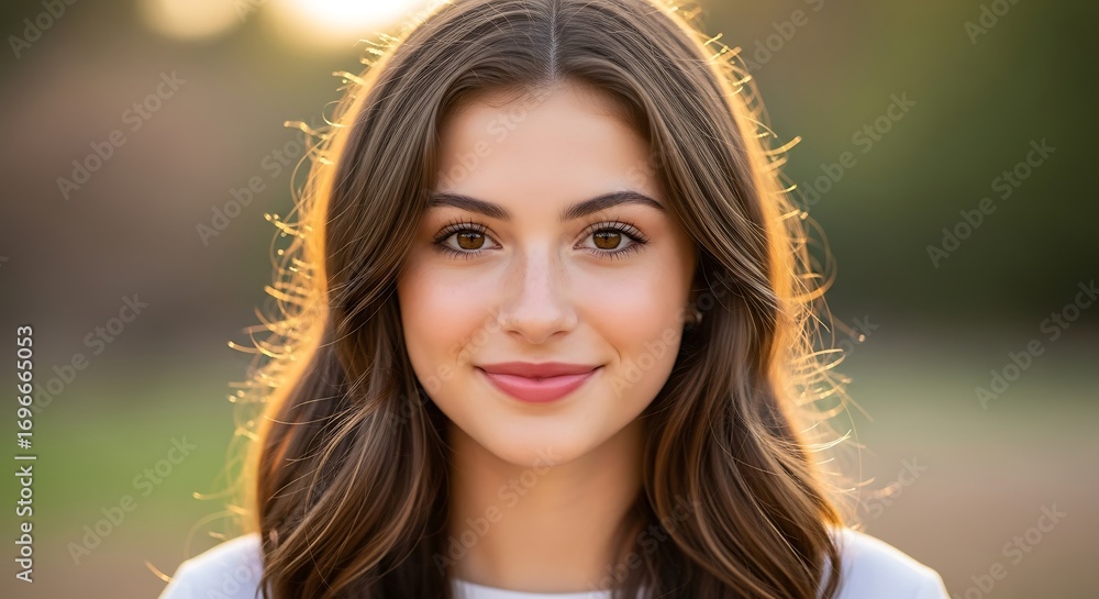 Naklejka premium Portrait of a youthful woman illuminated by golden hour sunlight outdoors